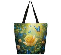 Ethebre Forest Yellow Rose Butterfly Canvas Tote Bag for Women Reusable Shoulder Handbag with Inner Zipper Pocket Cute Printed Casual Daily Work Travel Shopping Grocery Tote Gift