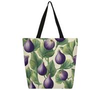 Ethebre Fruits Fig Leaves Pattern Canvas Tote Bag for Women Reusable Shoulder Handbag with Inner Zipper Pocket Cute Printed Casual Daily Work Travel Shopping Grocery Tote Gift