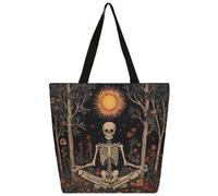 Ethebre Funny Skeleton Boho Sun Pattern Canvas Tote Bag for Women Reusable Shoulder Handbag with Inner Zipper Pocket Cute Printed Casual Daily Work Travel Shopping Grocery Tote Gift