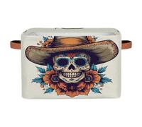 Ethebre Funny Sugar Skull Storage Basket with Leather Handles, Foldable Fabric Storage Bin Large Collapsible Organizer for Clothes Toys Laundry Bathroom Nursery 15x11x9.5 In