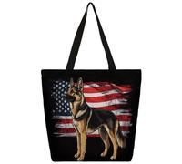 Ethebre German Shepherd American Flag Canvas Tote Bag for Women Reusable Shoulder Handbag with Inner Zipper Pocket Cute Printed Casual Daily Work Travel Shopping Grocery Tote Gift