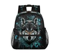 Ethebre Gray Teal Wolf Face Kids Backpack for Boys Girls, Waterproof Lightweight Toddler School Bag with Chest Strap, Small Travel Book Bag Preschool Kindergarten Backpack