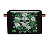 Ethebre Green White Roses Sugar Skull Storage Basket with Leather Handles, Foldable Fabric Storage Bin Large Collapsible Organizer for Clothes Toys Laundry Bathroom Nursery 15x11x9.5 In