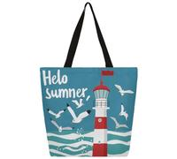 Ethebre Hello Summer Seagull Lighthouse Canvas Tote Bag for Women Reusable Shoulder Handbag with Inner Zipper Pocket Cute Printed Casual Daily Work Travel Shopping Grocery Tote Gift