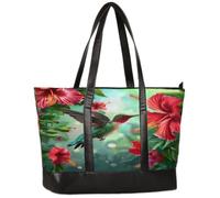 Ethebre Hummingbird Hibiscus Flowers Canvas Computer Bag for Women, 15.6 Inch Laptop Tote Bag with Leather Handle, Large Capacity Shoulder Work Bag for Office Business Travel School