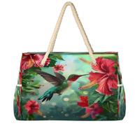 Ethebre Hummingbird Hibiscus Flowers Large Beach Bag for Women Waterproof Sandproof Beach Tote with Zipper Multiple Pockets Travel Pool Tote for Vacation Gym Shopping 52 x 18.5 x 38 cm