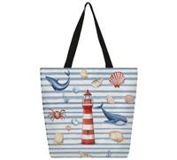 Ethebre Lighthouse Whale Seashell Stripe Canvas Tote Bag for Women Reusable Shoulder Handbag with Inner Zipper Pocket Cute Printed Casual Daily Work Travel Shopping Grocery Tote Gift