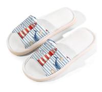 Ethebre Lighthouse Whale Seashell Stripe Open Toe House Slippers for Women Men Breathable Linen Home Sandals with Anti Slip EVA Sole Summer Comfortable Indoor Shoes Spa Guest Use Size M