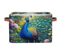 Ethebre Majestic Peacock Feather Storage Basket with Leather Handles, Foldable Fabric Storage Bin Large Collapsible Organizer for Clothes Toys Laundry Bathroom Nursery 15x11x9.5 In
