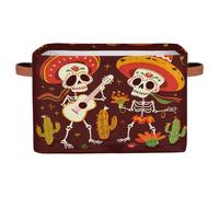 Ethebre Mexican Skeletons Cactus Guitar Storage Basket with Leather Handles, Foldable Fabric Storage Bin Large Collapsible Organizer for Clothes Toys Laundry Bathroom Nursery 15x11x9.5 In