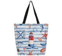 Ethebre Nautical Lighthouse Starfish Canvas Tote Bag for Women Reusable Shoulder Handbag with Inner Zipper Pocket Cute Printed Casual Daily Work Travel Shopping Grocery Tote Gift