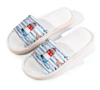 Ethebre Nautical Lighthouse Starfish Open Toe House Slippers for Women Men Breathable Linen Home Sandals with Anti Slip EVA Sole Summer Comfortable Indoor Shoes Spa Guest Use Size XL