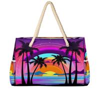 Ethebre Neon Sunset Beach Palm Trees Large Beach Bag for Women Waterproof Sandproof Beach Tote with Zipper Multiple Pockets Travel Pool Tote for Vacation Gym Shopping 52 x 18.5 x 38 cm