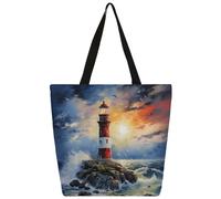 Ethebre Oli Painting Nautical Lighthouse Canvas Tote Bag for Women Reusable Shoulder Handbag with Inner Zipper Pocket Cute Printed Casual Daily Work Travel Shopping Grocery Tote Gift