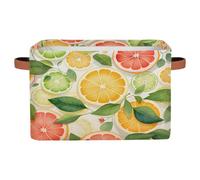 Ethebre Orange Grapefruit Lemon Slices Storage Basket with Leather Handles, Foldable Fabric Storage Bin Large Collapsible Organizer for Clothes Toys Laundry Bathroom Nursery 15x11x9.5 In