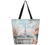 Ethebre Parisian Landscape Eiffel Tower Canvas Tote Bag for Women Reusable Shoulder Handbag with Inner Zipper Pocket Cute Printed Casual Daily Work Travel Shopping Grocery Tote Gift