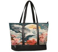 Ethebre Red Crowned Crane Moon Flowers Canvas Computer Bag for Women, 15.6 Inch Laptop Tote Bag with Leather Handle, Large Capacity Shoulder Work Bag for Office Business Travel School