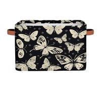 Ethebre Retro Butterfly Pattern Storage Basket with Leather Handles, Foldable Fabric Storage Bin Large Collapsible Organizer for Clothes Toys Laundry Bathroom Nursery 15x11x9.5 In