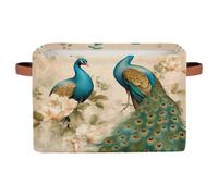 Ethebre Retro Peacock Flower Storage Basket with Leather Handles, Foldable Fabric Storage Bin Large Collapsible Organizer for Clothes Toys Laundry Bathroom Nursery 15x11x9.5 In