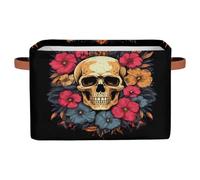 Ethebre Retro Skull Hibiscus Flower Storage Basket with Leather Handles, Foldable Fabric Storage Bin Large Collapsible Organizer for Clothes Toys Laundry Bathroom Nursery 15x11x9.5 In