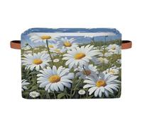 Ethebre Sky Cloud Daisy Flower Field Storage Basket with Leather Handles, Foldable Fabric Storage Bin Large Collapsible Organizer for Clothes Toys Laundry Bathroom Nursery 15x11x9.5 In