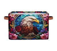 Ethebre Stained Glass Art Eagle Storage Basket with Leather Handles, Foldable Fabric Storage Bin Large Collapsible Organizer for Clothes Toys Laundry Bathroom Nursery 15x11x9.5 In
