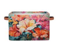 Ethebre Summer Tropical Hibiscus Storage Basket with Leather Handles, Foldable Fabric Storage Bin Large Collapsible Organizer for Clothes Toys Laundry Bathroom Nursery 15x11x9.5 In