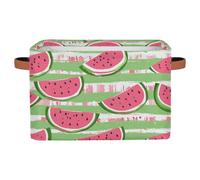 Ethebre Summer Watermelon Striped Storage Basket with Leather Handles, Foldable Fabric Storage Bin Large Collapsible Organizer for Clothes Toys Laundry Bathroom Nursery 15x11x9.5 In