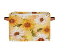 Ethebre Sunflowers Watercolor Painting Storage Basket with Leather Handles, Foldable Fabric Storage Bin Large Collapsible Organizer for Clothes Toys Laundry Bathroom Nursery 15x11x9.5 In