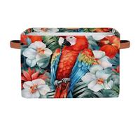 Ethebre Tropical Palm Flower Parrot Storage Basket with Leather Handles, Foldable Fabric Storage Bin Large Collapsible Organizer for Clothes Toys Laundry Bathroom Nursery 15x11x9.5 In