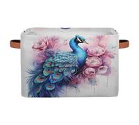 Ethebre Vintage Peacock Floral Pattern Storage Basket with Leather Handles, Foldable Fabric Storage Bin Large Collapsible Organizer for Clothes Toys Laundry Bathroom Nursery 15x11x9.5 In