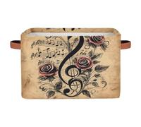 Ethebre Vintage Rose Music Note Storage Basket with Leather Handles, Foldable Fabric Storage Bin Large Collapsible Organizer for Clothes Toys Laundry Bathroom Nursery 15x11x9.5 In