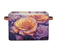 Ethebre Vintage Yellow Rose Floral Storage Basket with Leather Handles, Foldable Fabric Storage Bin Large Collapsible Organizer for Clothes Toys Laundry Bathroom Nursery 15x11x9.5 In