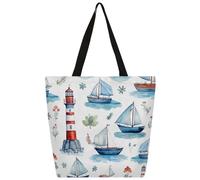 Ethebre Waterclor Sailboat Lighthouse Canvas Tote Bag for Women Reusable Shoulder Handbag with Inner Zipper Pocket Cute Printed Casual Daily Work Travel Shopping Grocery Tote Gift