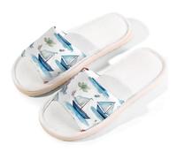 Ethebre Waterclor Sailboat Lighthouse Open Toe House Slippers for Women Men Breathable Linen Home Sandals with Anti Slip EVA Sole Summer Comfortable Indoor Shoes Spa Guest Use Size L