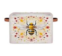 Ethebre Watercolor Bee Flowers Pattern Storage Basket with Leather Handles, Foldable Fabric Storage Bin Large Collapsible Organizer for Clothes Toys Laundry Bathroom Nursery 15x11x9.5 In
