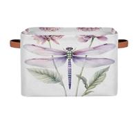 Ethebre Watercolor Dragonfly Chrysanthemums Storage Basket with Leather Handles, Foldable Fabric Storage Bin Large Collapsible Organizer for Clothes Toys Laundry Bathroom Nursery 15x11x9.5 In