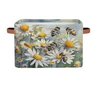 Ethebre Watercolor Flower Bees Print Storage Basket with Leather Handles, Foldable Fabric Storage Bin Large Collapsible Organizer for Clothes Toys Laundry Bathroom Nursery 15x11x9.5 In