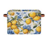 Ethebre Watercolor Lemon Blue Leaves Storage Basket with Leather Handles, Foldable Fabric Storage Bin Large Collapsible Organizer for Clothes Toys Laundry Bathroom Nursery 15x11x9.5 In