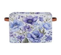 Ethebre Watercolor Purple Floral Storage Basket with Leather Handles, Foldable Fabric Storage Bin Large Collapsible Organizer for Clothes Toys Laundry Bathroom Nursery 15x11x9.5 In