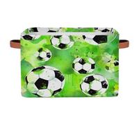 Ethebre Watercolor Splashes Soccer Balls Storage Basket with Leather Handles, Foldable Fabric Storage Bin Large Collapsible Organizer for Clothes Toys Laundry Bathroom Nursery 15x11x9.5 In