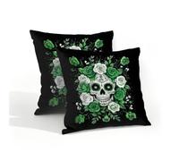 Ethebre Waterproof Outdoor Pillow Covers 16x16 Set of 2, Green White Roses Sugar Skull Decorative Throw Pillowcases for Patio Garden Farmhouse Porch Balcony Indoor Outdoor Use