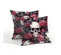 Ethebre Waterproof Outdoor Pillow Covers 16x16 Set of 2, Skull Floral Roses Pattern Decorative Throw Pillowcases for Patio Garden Farmhouse Porch Balcony Indoor Outdoor Use