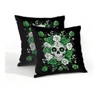 Ethebre Waterproof Outdoor Pillow Covers 18x18 Set of 2, Green White Roses Sugar Skull Decorative Throw Pillowcases for Patio Garden Farmhouse Porch Balcony Indoor Outdoor Use