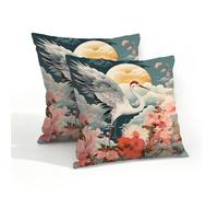 Ethebre Waterproof Outdoor Pillow Covers 18x18 Set of 2, Red Crowned Crane Moon Flowers Decorative Throw Pillowcases for Patio Garden Farmhouse Porch Balcony Indoor Outdoor Use