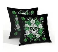 Ethebre Waterproof Outdoor Pillow Covers 20x20 Set of 2, Green White Roses Sugar Skull Decorative Throw Pillowcases for Patio Garden Farmhouse Porch Balcony Indoor Outdoor Use
