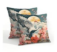 Ethebre Waterproof Outdoor Pillow Covers 20x20 Set of 2, Red Crowned Crane Moon Flowers Decorative Throw Pillowcases for Patio Garden Farmhouse Porch Balcony Indoor Outdoor Use