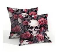 Ethebre Waterproof Outdoor Pillow Covers 20x20 Set of 2, Skull Floral Roses Pattern Decorative Throw Pillowcases for Patio Garden Farmhouse Porch Balcony Indoor Outdoor Use