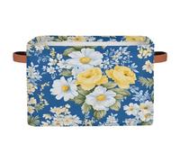 Ethebre Yellow Roses White Daisies Pattern Storage Basket with Leather Handles, Foldable Fabric Storage Bin Large Collapsible Organizer for Clothes Toys Laundry Bathroom Nursery 15x11x9.5 In