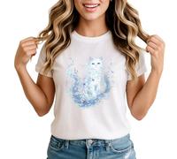 Ethereal Cat Watercolor Floral Womens Graphic T-Shirt Animal Nature Tee 5XL White